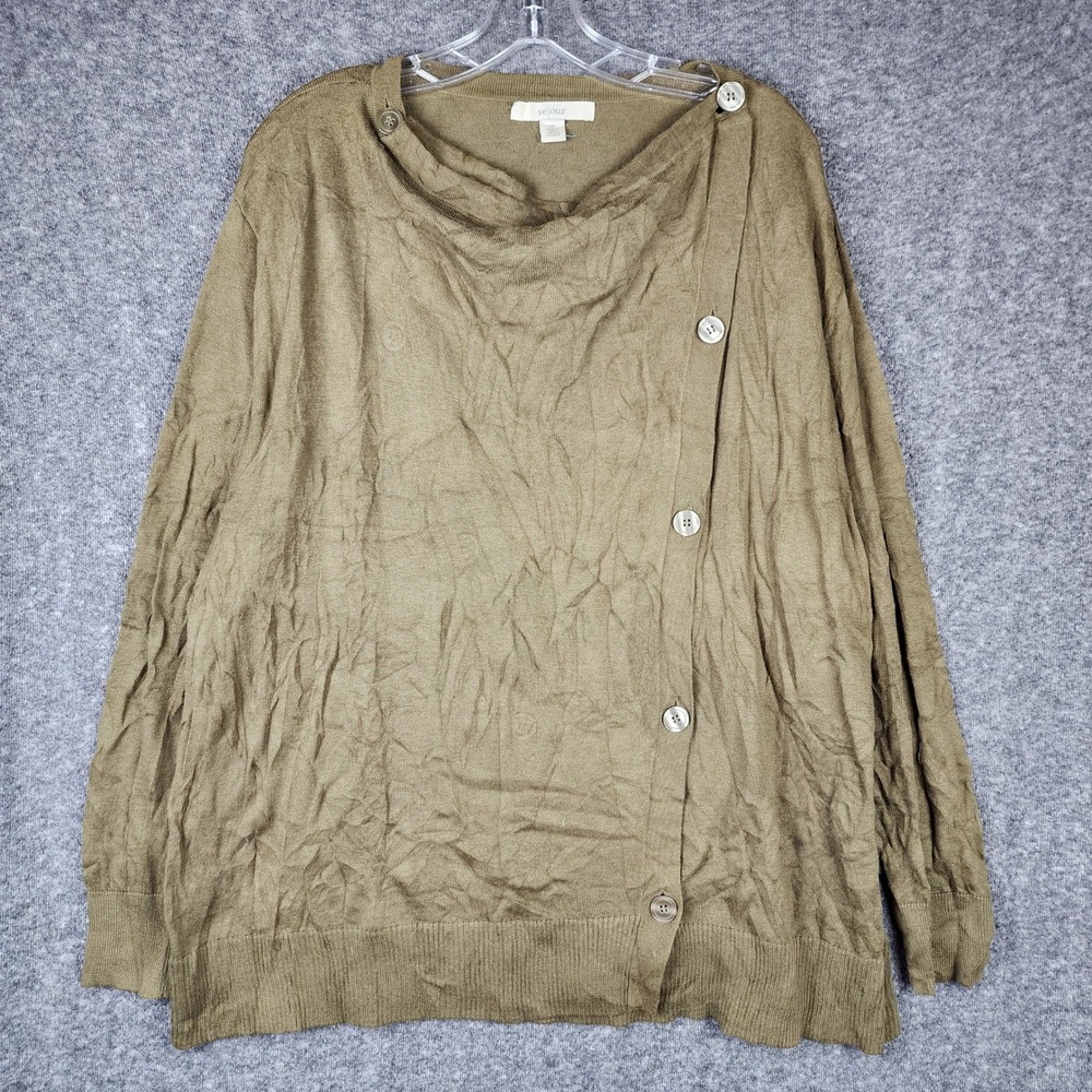 Sejour Sweater Womens 2X Olive Green Asymmetric Button Cowl Neck Cotton Lyocell